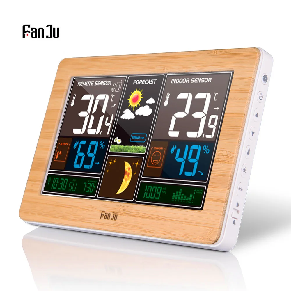Цена FJ3378 цифровой Метеостанция Будильник настенные часы Крытый Открытый Температура Влажность Часы фаза Луны, USB зарядное устройство