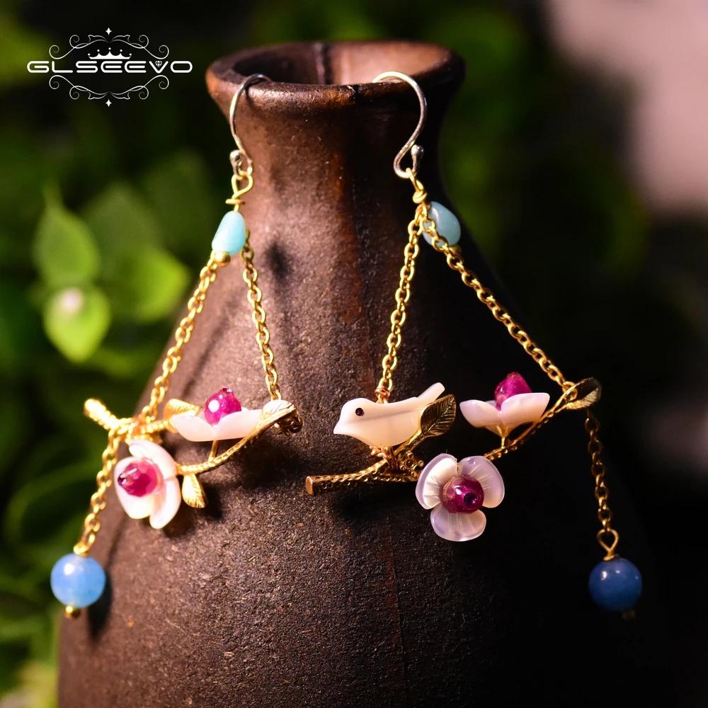 

GLSEEVO Real 925 Sterling Silver Drop Earrings Blue Purple Natural Stone Shell Flower Bird Leaf Link Chain Dangle Earring GE0012