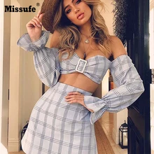 Missufe Sexy бретелек плед летнее платье Для женщин комплект из 2 частей с расклешенными рукавами мини высокой уличный стиль халат вечерние Для женщин платья