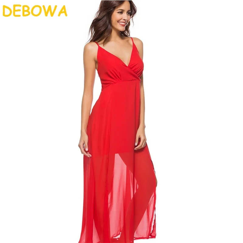 Debowa 2018 Новое летнее платье Для женщин красное шифоновое Разделение Sexy Глубокий v
