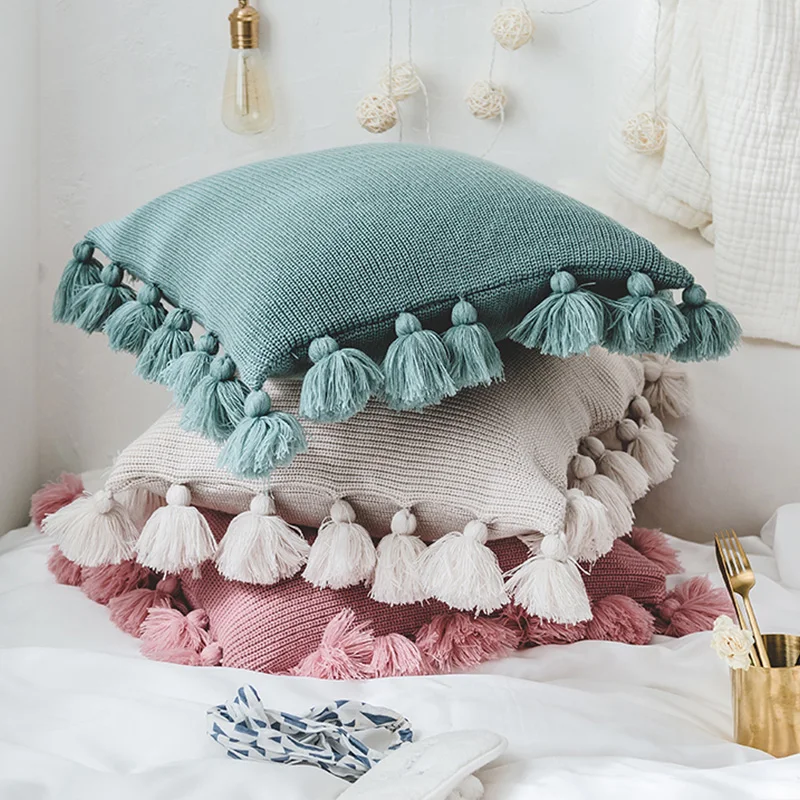 Cotton Knit Pillow Cover Solid Color Fringed Side Pillow Princess Home Decor Cushion Cover Cojines Decorativos Para Sofa