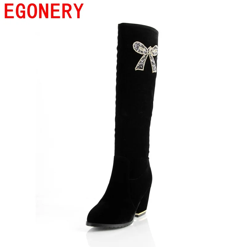 

EGONERY knee high boots hot sale round toe rhinestone butterfly-knot decoration skid resistance warm winter zipper women boots