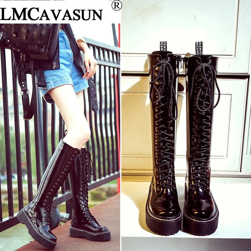 

LMCAVASUN Winter Boots Women Thigh High Boots New Lace Up Knee Boot Women High Heels Retro Knight Boots