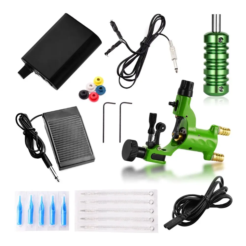

Complete Tattoo Machine Kit Set Green Tattoo Motor Guns Power Supply Foot Pedal Switch with Tattoo Needle And Tip Accessaries