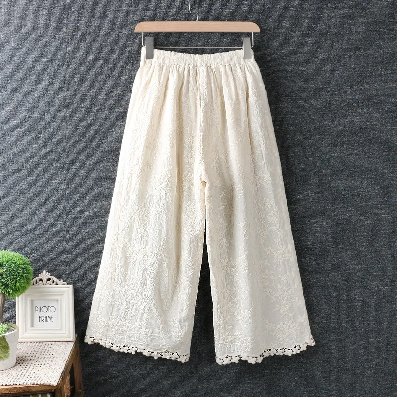 

Sweet Mori Girl Flower Embroidered TrousersLoose Elastic Waist Wide-legged Pants Woman Pantalones Mujer Casual Novelty Pants