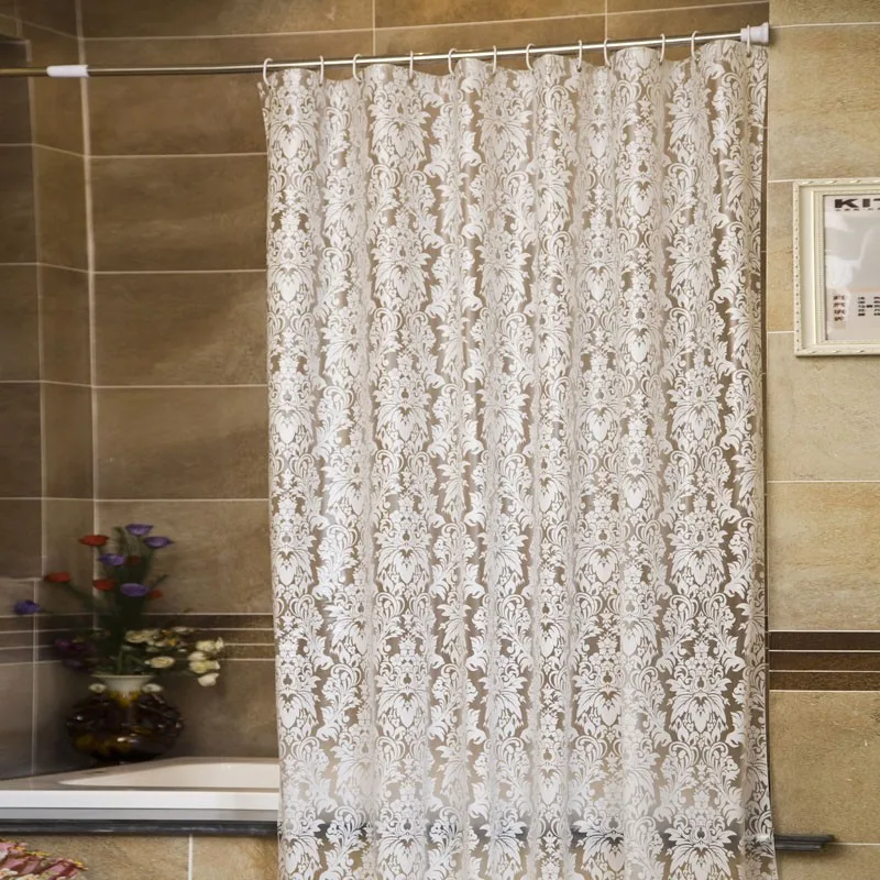 Lace Floral Pattern Peva White Bathroom Curtains Transparent