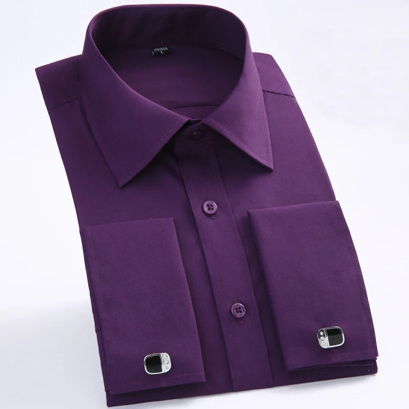 

Men French Cufflinks Shirt Solid Purple Men's Stripes Party Shirt Long Sleeve Male Brand French Cuff Wedding Dress Shirts