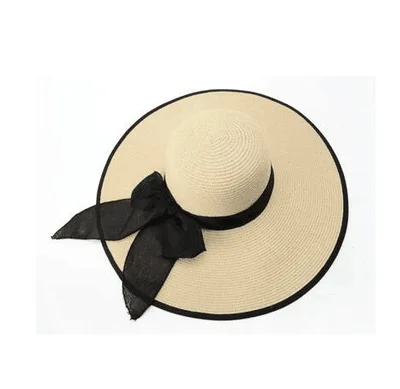 Элегантная большая широкополая шляпа с кантом, женская шляпа от солнца с черным бантом, пляжная шляпа с лентой, складная летняя кепка с защитой от ультрафиолета для путешествий, повседневная женская шляпа - Цвет: Beige