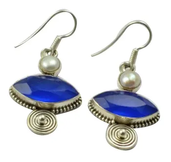 

LoveGem Genuine Blue Chalcedony & Pearl EARRINGS 925 Sterling Silver Jewelry, 37mm, AE2404
