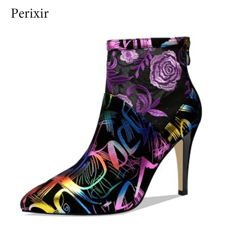 

Perixir New Women Luxury Ankle Boots Elegant Ankle Boots New Autumn Spring Embroider Womens Boots Zip Pointed Toe Shoes Woman