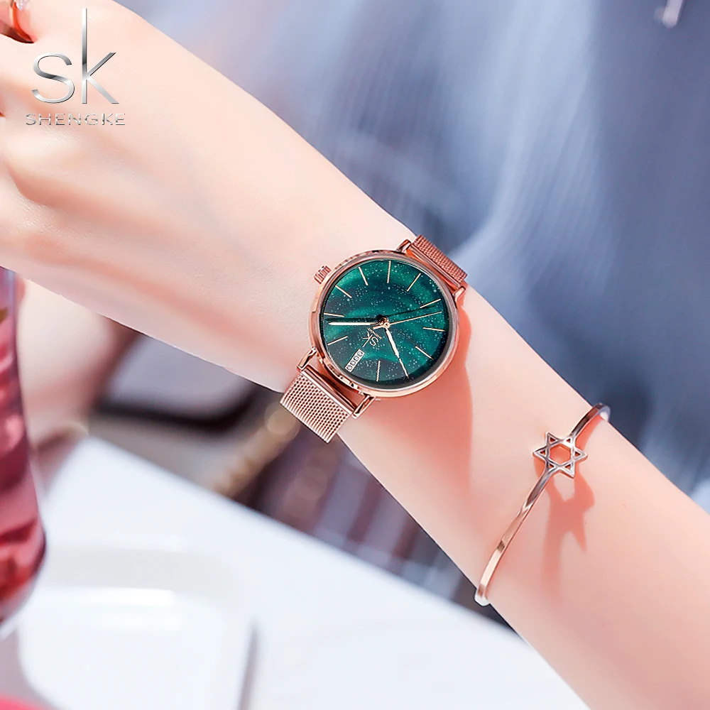 

Shengke New Romantic Women Watches Starry Green Dial Fashion Style Japanese Quartz Movement Mesh Strap Montre Femme Reloj Mujer