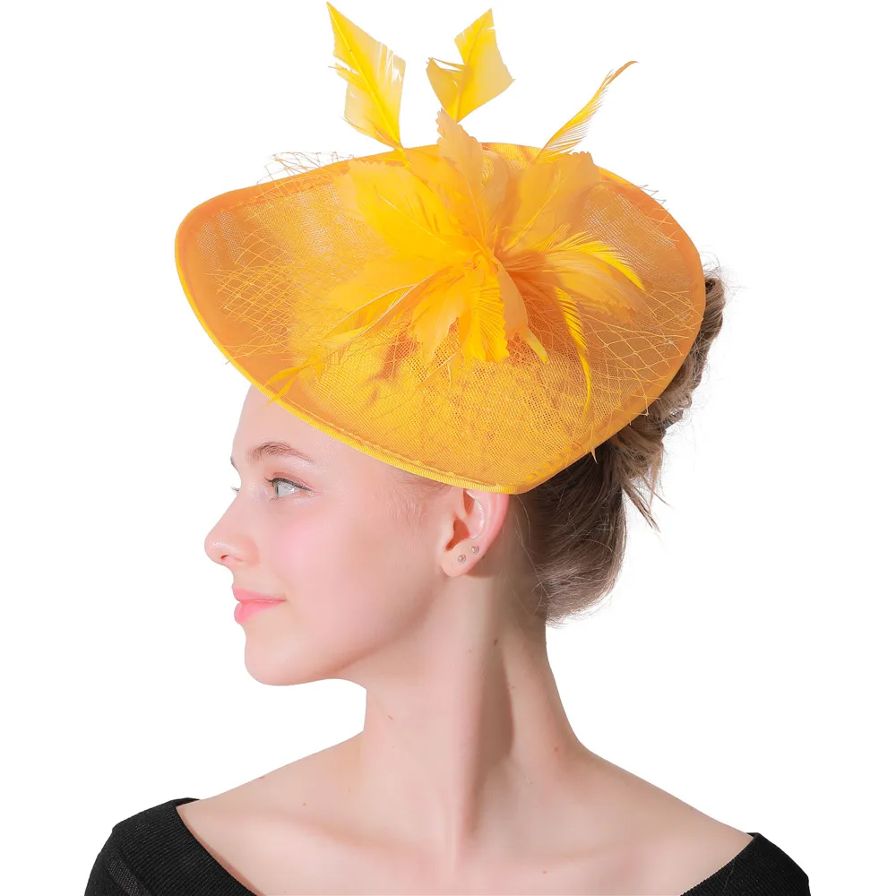 

Elegant Feather YELLOW Hat Lady Women Fascinator Chapeau Hair Clip Feather Hat For grils Wedding Party Accessory sombrero Female