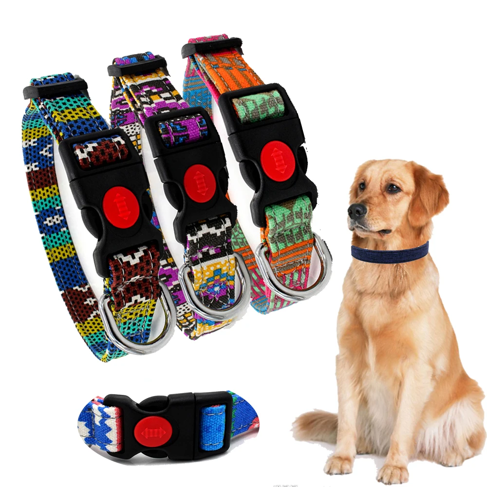 

Dog Collar Canvas Bohemian Pet Dog Tag Collar Plastic Adjustable Button Puppy Cat Nameplate ID Collars