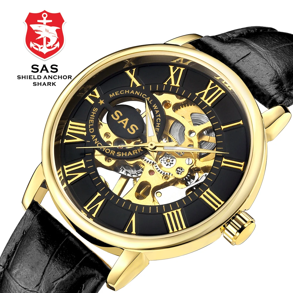 

SAS Shield Anchor Shark 3d Logo Design Hollow Engraving Black Gold Case Leather Skeleton Mechanical Watches Men Luxury Brand