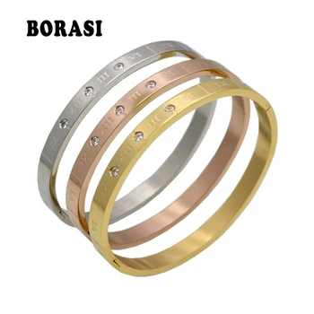

BORASI Brand Stainless Steel Bracelets & Bangles Crystal Cuff Bracelets For Women Classic Roman Word Jewelry Gift For Girls