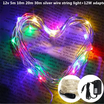 

12v 5m 10m 20m 30m silver line christmas string light+12v 1A 12W adapter outdoor fairy waterproof for party wedding decoration