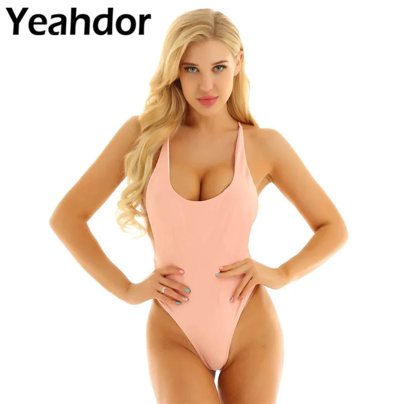 

Womens One Piece Monikini Bathing Suit Adjustable Shoulder Straps Deep U Neck Backless with Removable Padded Swimsuits Swimwear