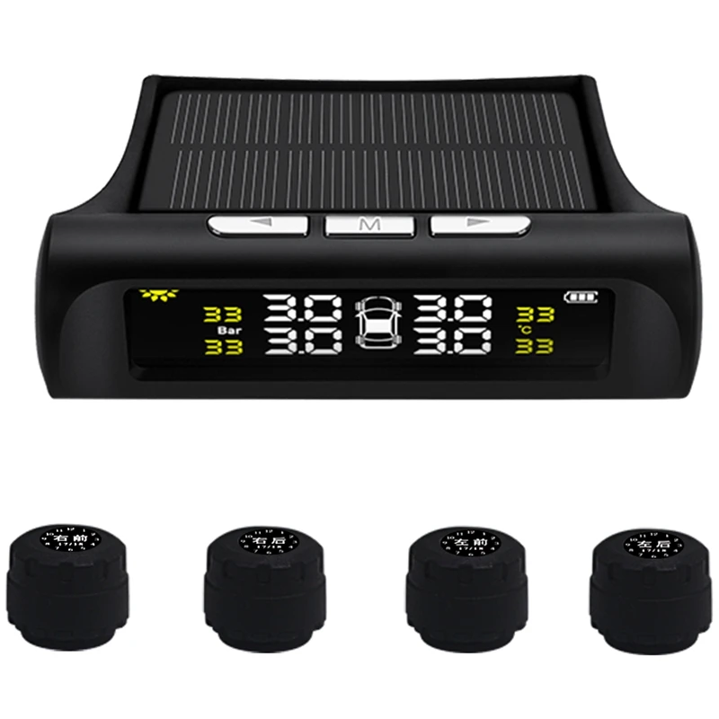 

USB or Solar Charging Car TPMS Tire Pressure Monitoring System HD Digital LCD Display Auto Alarm tool Wireless 4 external Sensor