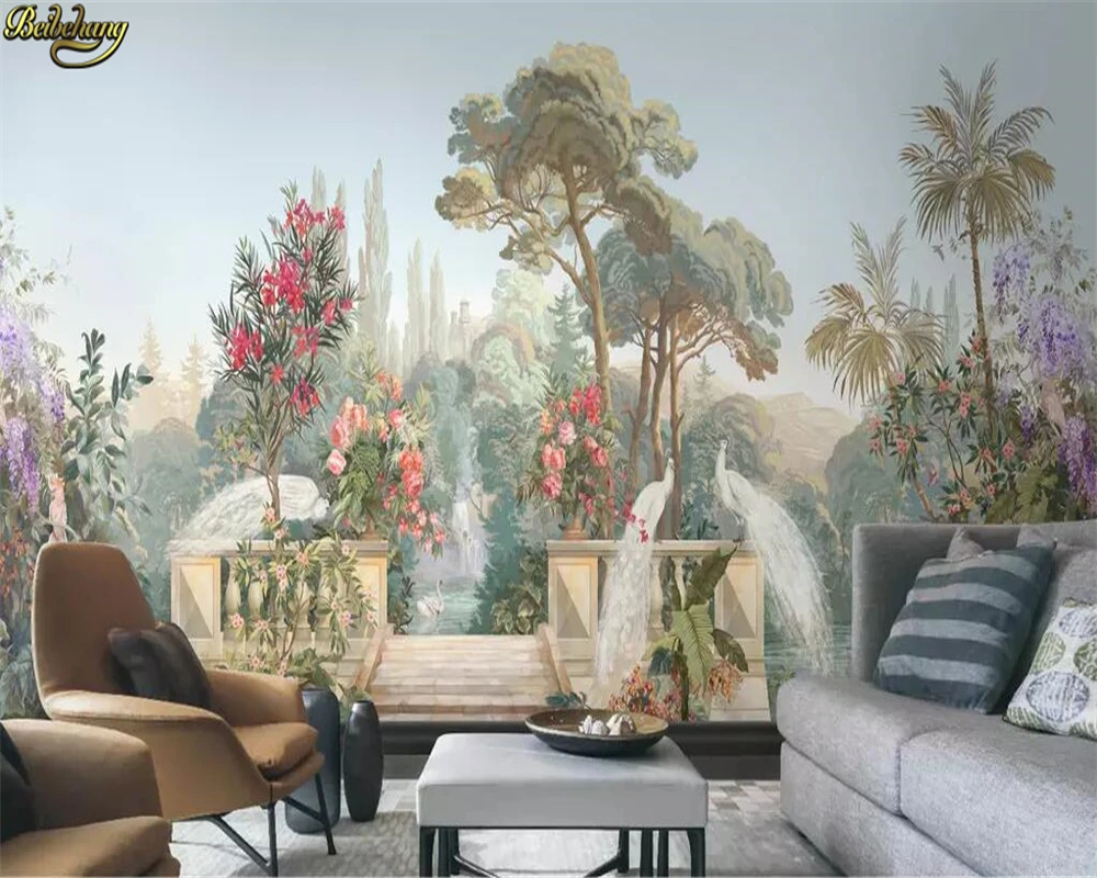 

beibehang Custom 3d wallpaper mural court garden white peacock ancient Rome American hand-painted flowers and birds landscape