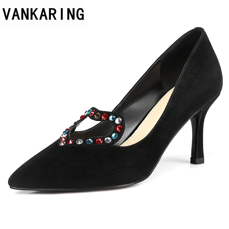 

VANKARING 2018 new sexy high heels women pumps black rhinestone genuine leather black shoes woman dress party office lady pumps