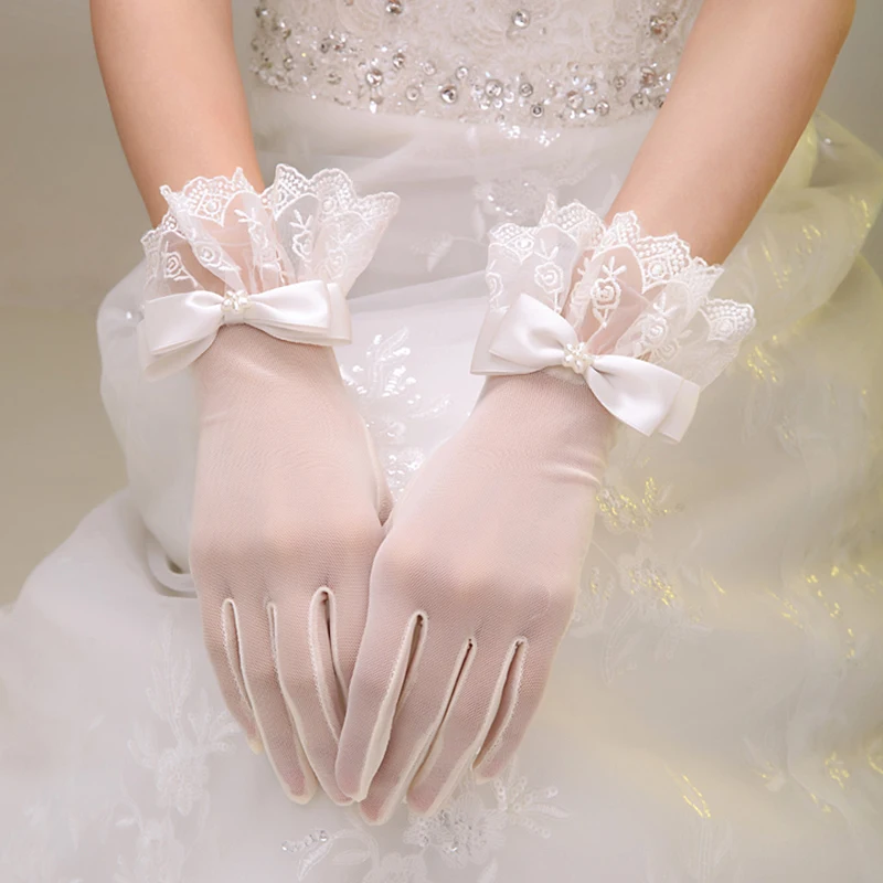 Elegant Bridal Lace wedding Gloves with bow women Dress veil Accessories Bride white Finger