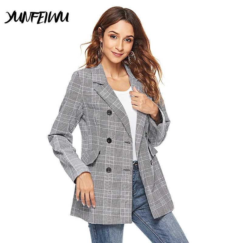 Women Plaid Blazer Long Sleeve Double Breasted Slim