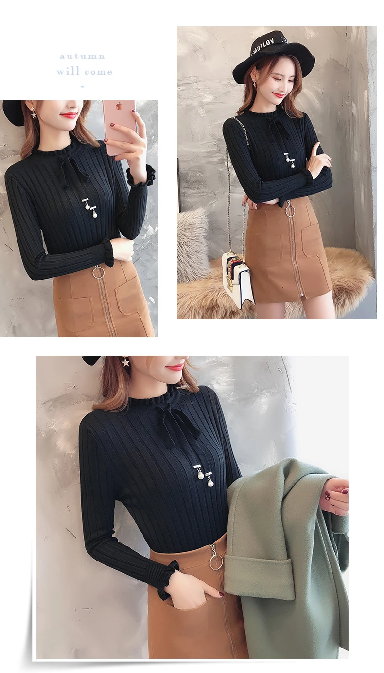 Casual Spring Slim Sweater Winter Knitted Sweater New Lace Up Flare Long Sleeve Ruffle Knitting Pullover Women Sweaters