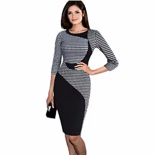 2016-Fashion-Ladies-Summer-Pencil-Dress-Plaid-Short-Sleeve-Slim-Women-Casual-Patchwork-Elegant-Dresses-YL121