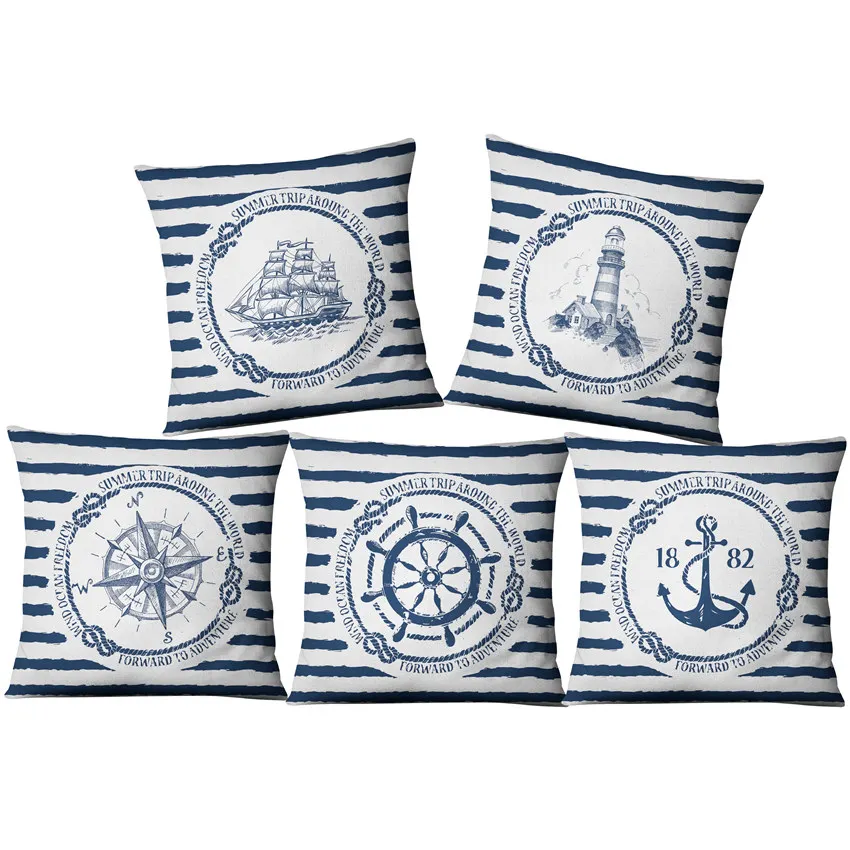Blue Compass Nautical Marine Style Linen Pillow Case Mediterranean Sofa Cushion 