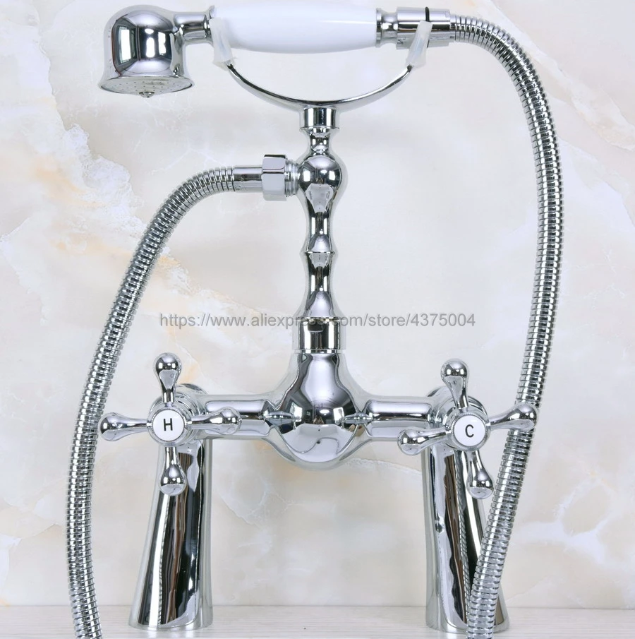 Polished Chrome Bathroom Shower Faucet Bath Faucet Double Cross Handles  With Hand Shower Head Set Deck Mounted Nna129