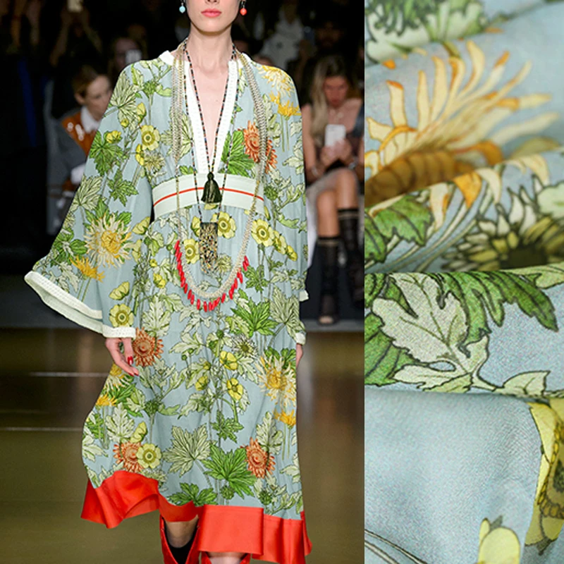 

140CM Wide 10MM Green Plant Print Thin Silk Georgette Fabric for Summer Dress Jacket Pants E1039