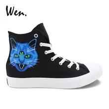 Вэнь Дизайн Пользовательские Ручная роспись обувь синий фиолетовый художественная парусиновая обувь 3 глаза кошка кроссовки подростков кроссовки высокие плимсоллы
