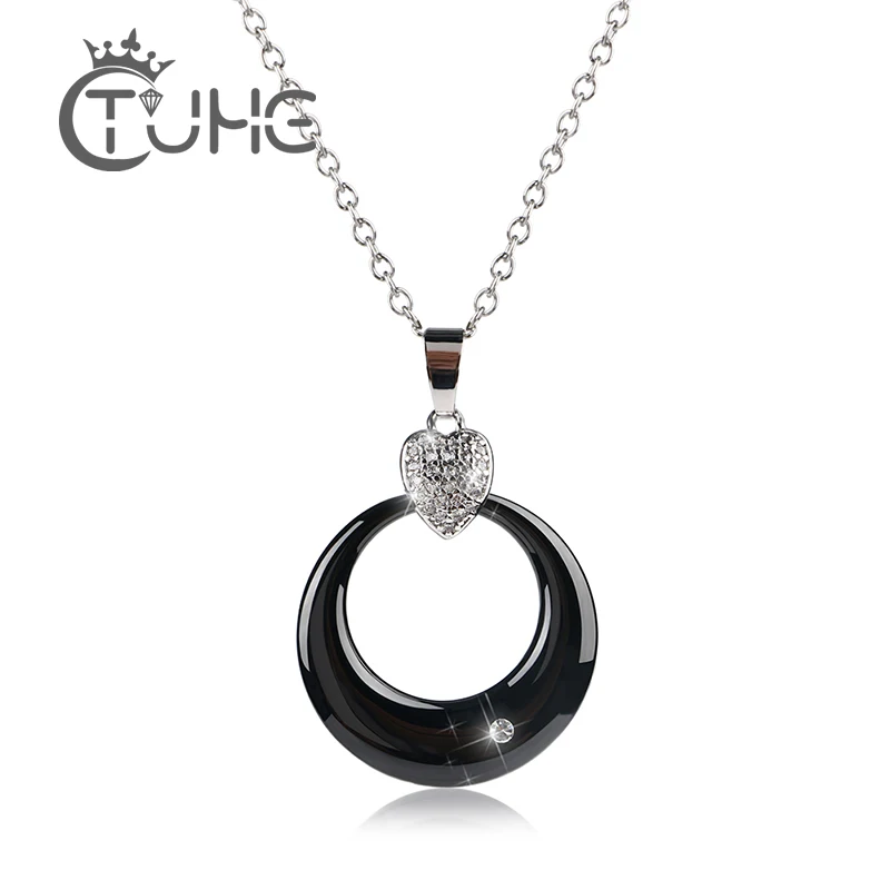 

Natural Black White Decorative Necklace Pendant With One Crystal Silver Color Heart Shape Ceramic Necklace Jewelry for Female