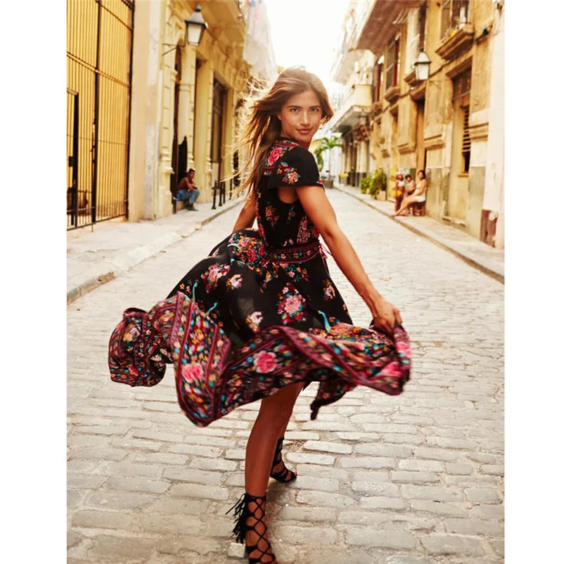 HOT sell Fashion summer dress 2018 beach dress Print Floral Retro Palace V-Neck Evening Party Dress vestido de festa Y03#N (14)