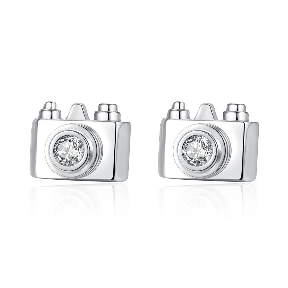

LISM Fashion Unique Camera Shape AAA Cubic Zirconia Inside Shiny Gold Stud Earrings For Women Girl Party Birthday Tourism