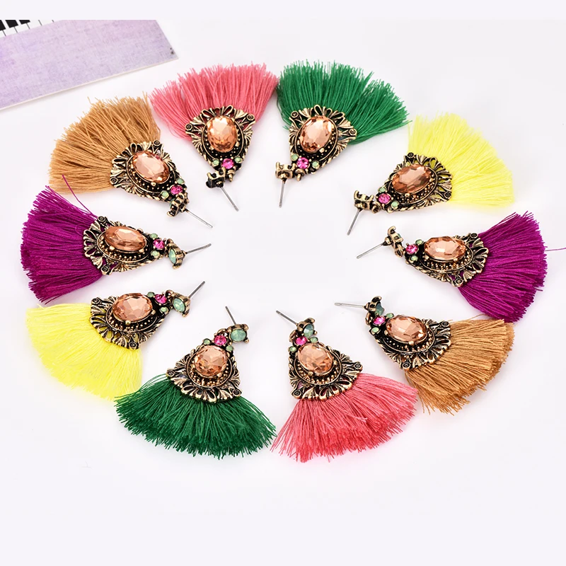 

Fashion Long Tassel Drop Earrings for Women Vintage Bohemia Big Handmade Flower Crystal Woman Statement Zircon Earring Jewelry