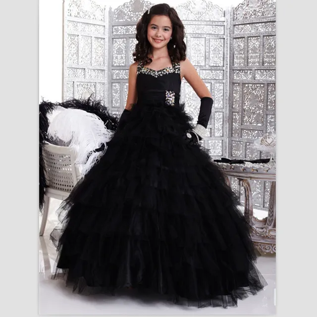 2015 Luxurey Black Organza Girls Pageant Dresses Halter Girl Of 10 To