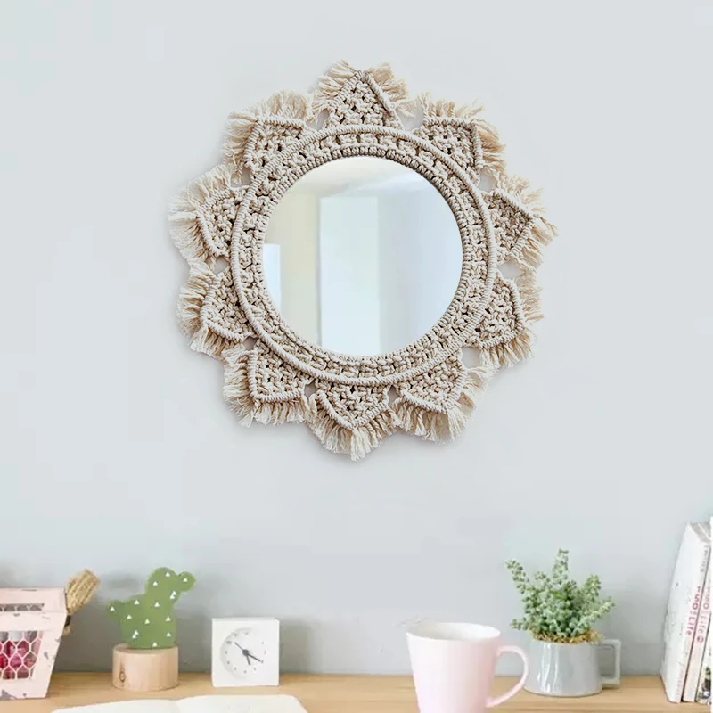 Diámetro 40CM boho macramé tejido a mano simple hogar colgar sala de estar decoración colgante de pared espejo decorativo tapiz de pared Diámetro 40CM boho macramé tejido a mano simple hogar colgar sala de estar decoración colgante de pared espejo decorativo tapiz de pared
