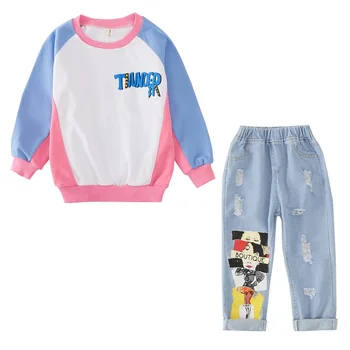 

New Spring and Autumn Children's jean suit Big Girl's Fashion suit for age3-11Y