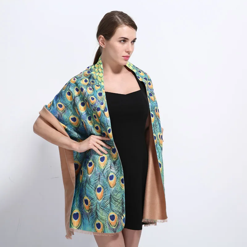 Бренд Yilian, новейшая мода, с принтом павлина, Испания, кашемировая шаль, зимняя женская шаль из пашмины, модный синий шарф для женщин LA087