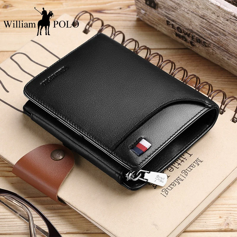 

WilliamPOLO Genuine Leather Men Wallets Trifold Wallet Luxury Brand Zipper Coin Pocket Purse Real Cow Leather Wallet for Men