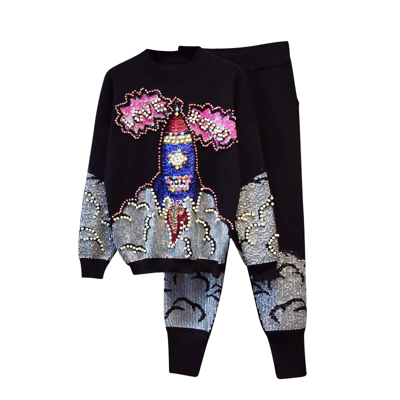 

Oshangchaopin Women Handmade Nail Beaded Letter Sequined Long Sleeve Knitted Pullover Sweaters+Pants Ladies Clothing Sets