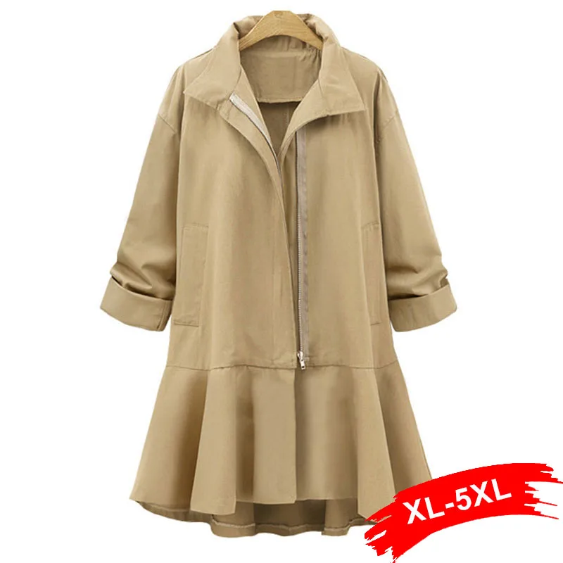 

Plus Size 2018 New Ginger Yellow Trench Women Long Dress Workwear With Ruffle 4Xl 5Xl Office Ladies Zipper Wind Coat Autumn Tops