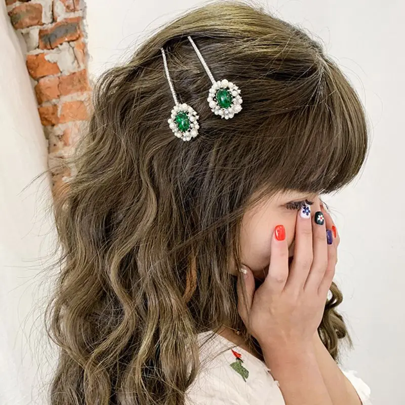 

Luxury Banquet Party Ponytail Hair Clip Ladies Vintage Faux Emerald Diamond Imitation Pearl Hairpins Heroides Dancing Barrettes