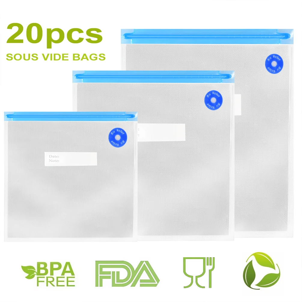 

BPA-free 20PCS Reusable Sous Vide Bags Kit Silicone Food Bag Wrap Heated Food Containers with 2 Sealing Clips