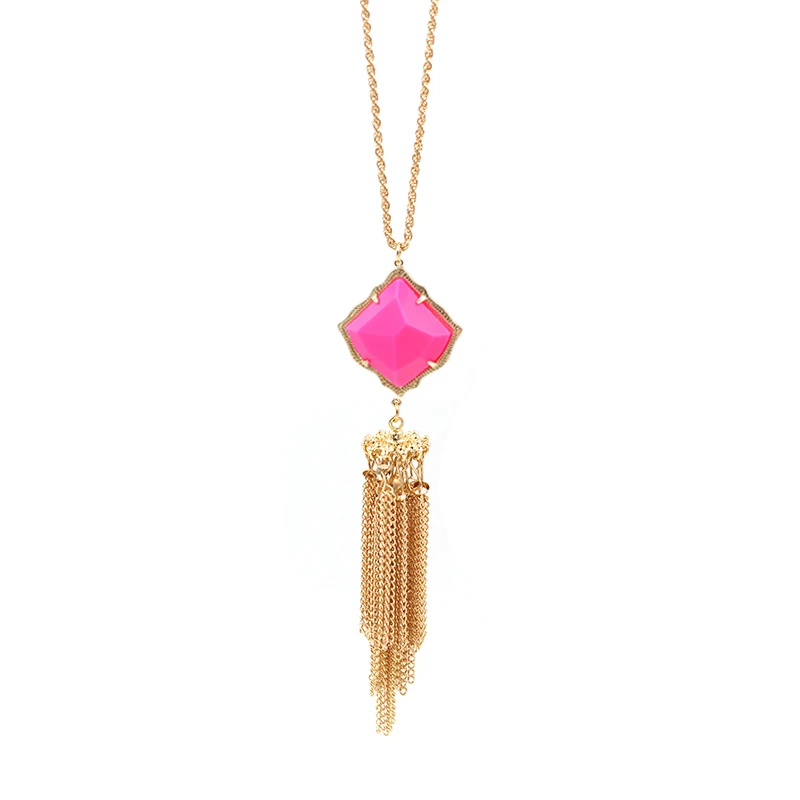 

2019 New Gold Tone Four-sided Polygon Quadrilateral Faceted Candy Resin Stone Big Statement Tassel Necklace Pendants for Women
