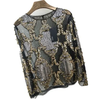 women crystal Sequins embroidery Blouse lace Geometric Heavy beads Shirts sexy blusas camisa 2019 Party Clubs Hollow Tops