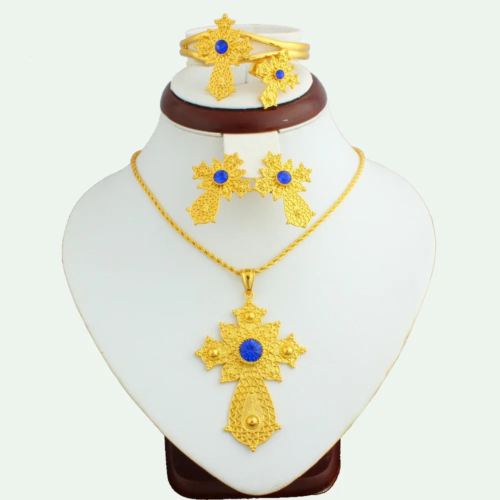 Синий камень эфиопских женщин Драгоценности золотого цвета Африканский невесты ювелирные наборы