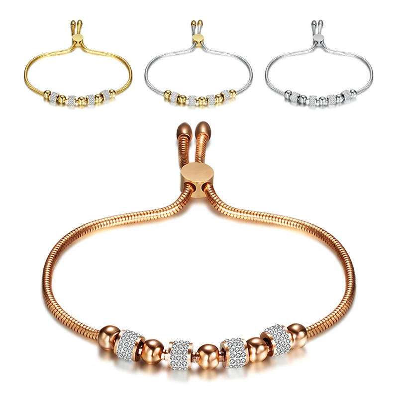 

Stainless Steel Beads Bangles Bracelets with Crystals Female Jewelry Silver Gold Rose Gold Women's Cuff Bracelets Adjustable
