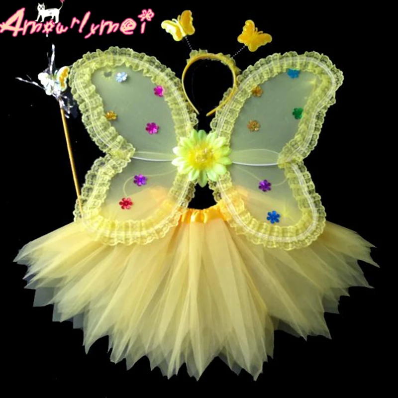 Girls Kids 4 Piece Set Butterfly Wing+Tutu Skirt Wand Headband Fairy